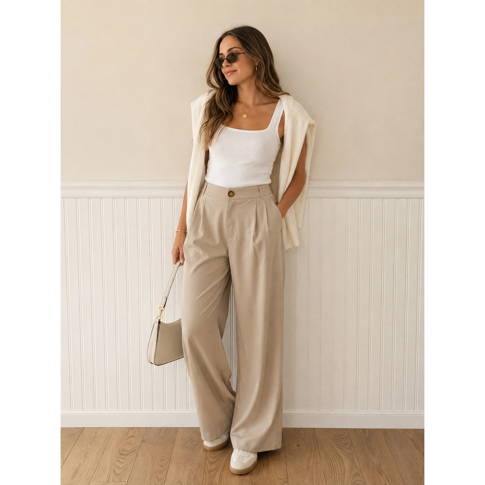 Zara High-Waisted Pleated Trousers with Decorative Burberry London Button